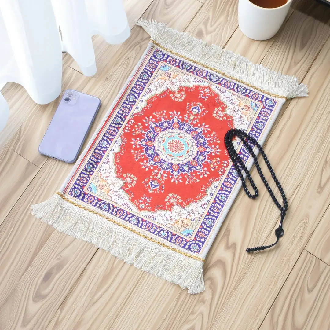2-teiliges Set Kleiner Tragbarer Gebetsteppich mit Muslimischen Gebetsperlen 30cm X 40cm Eisseide Matte mit Schnalle Muslimischer Islamischer Bestickter Teppich – Detail 3