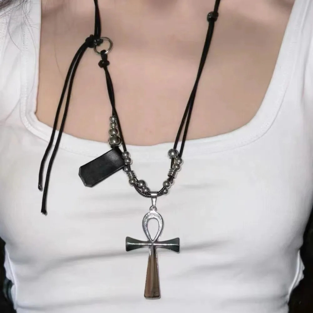 New Gothic Ancient Egyptian Ankh Cross Pendant Adjustable Leather Rope Chain Necklace for Women Men Halloween Grunge Y2K Jewelry - view 3