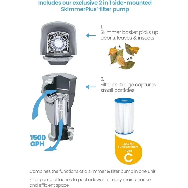 D2BFunsicle 16 قدم × 48 بوصة Oasi Designer حمام سباحة خارجي مستدير فوق الأرض مع مضخة فلتر SkimmerPlus، سلم، غطاء حمام السباحة