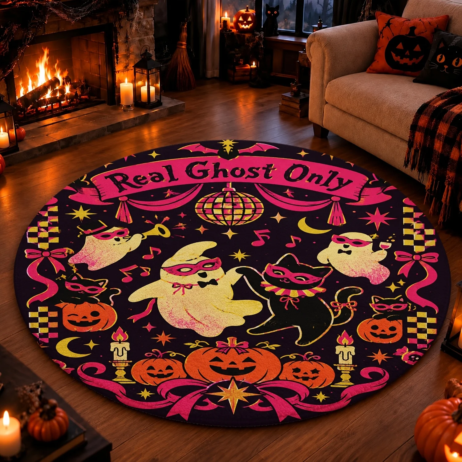 Trendy Halloween 3D Vortex Illusion Round Floor Mat Ghost Pumpkin Bat Party Print for Home Living Room Spooky Season Decor
