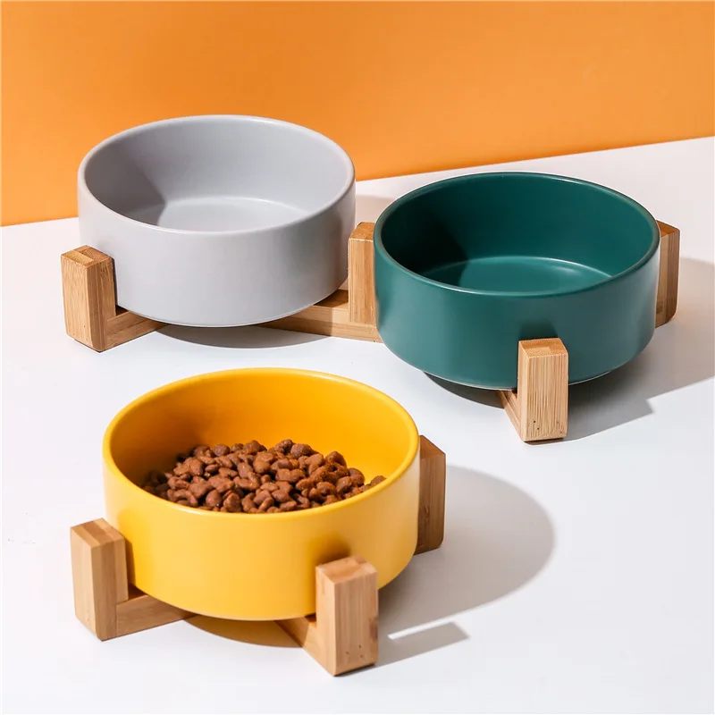 

Elevated Dual Ceramic Pet Bowl Set-Wooden Stand with Integrated Food & Water Dishes,Anti-Neck Strain Design for Cats Small dogs