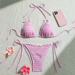 Pink Plaid Print String Micro Bikini Thong 2025 Sexy Swimsuit Women Halter Wrinkle Swimwear Bow Triangle Bikinis Sets Beach Wear