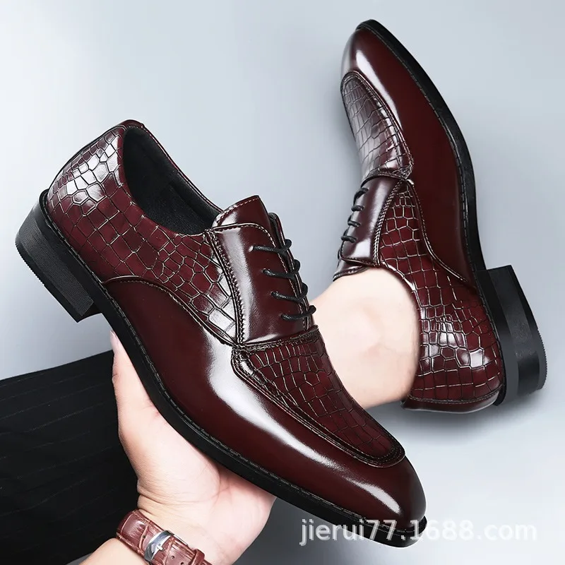 business mens dress shoes Crocodile wedding shoes for man fashion pointed toe wine red oxfords man shoes