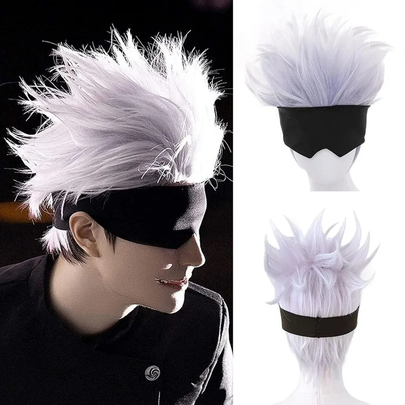 Short White Layered Cosplay Wig with Bangs, Adjustable Mesh Cap for Halloween and Costume Parties