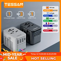 Универсальный дорожный адаптер TESSAN с USB-портом и типом C, адаптер питания по всему миру, вилка стандарта ЕС/Великобритании/США/Австралии для путешествий