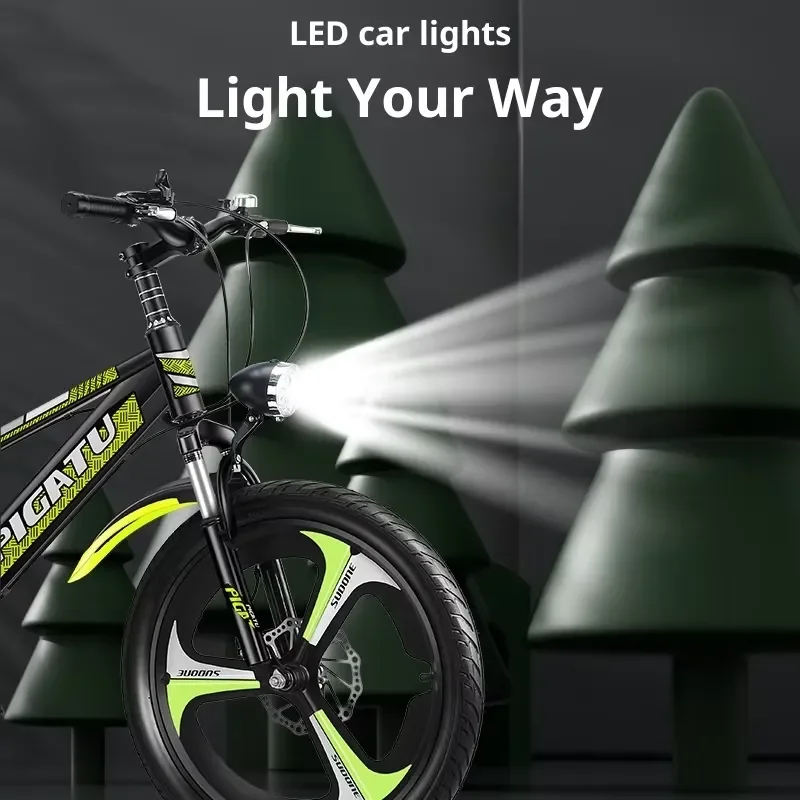 Adults & Children's Off-Road Mountain Bike with Dual Disc Brakes LED Front Light Tire Variable Speed for Students