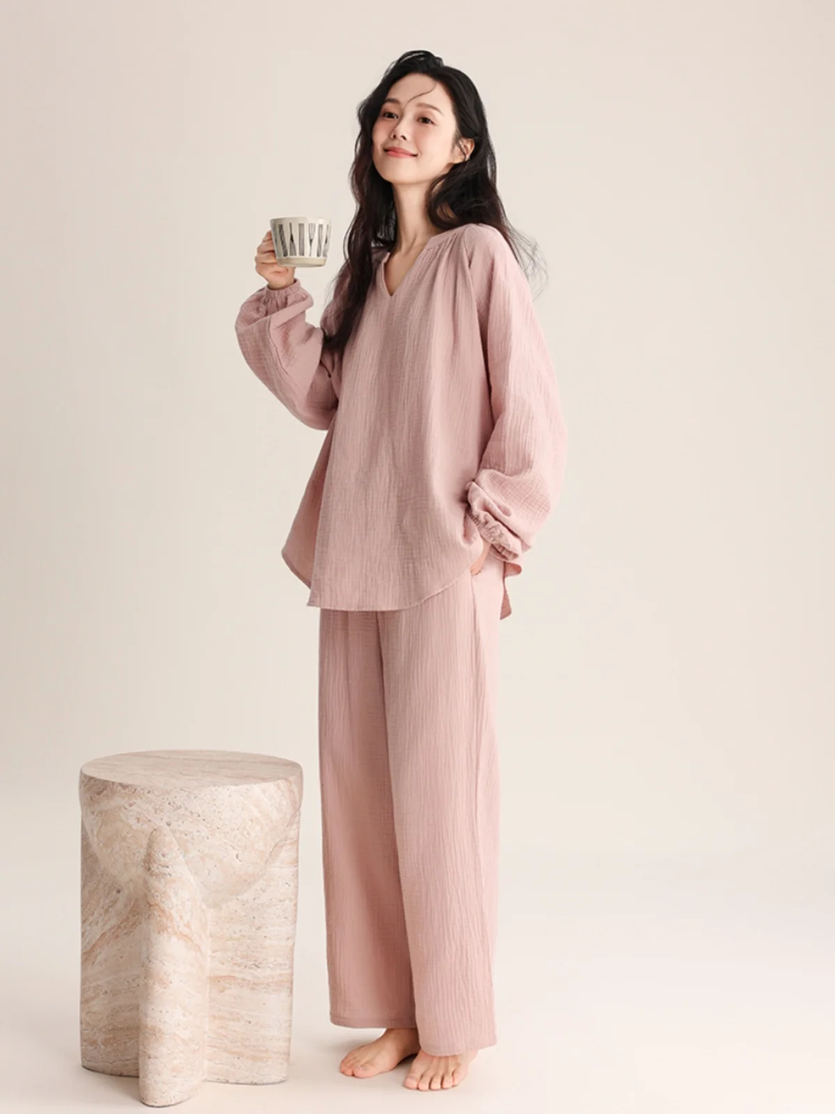 

Spring Summer Women's Double Layer Cotton Nightgown Thin V-Ne Pullover Simple Ele Loose Home Clothes Set Breathable