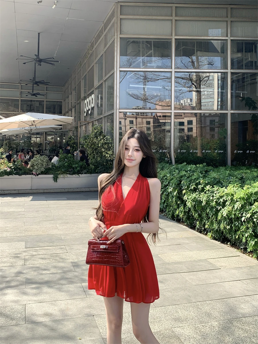 Red Sexy Bal Hanging Ne Dr Women's Summer Elegance Pure Desire ort Skirt Korean Sle  Knot Waist Cinch