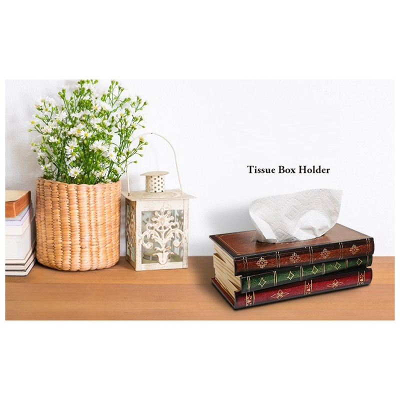 Vintage Stacked Books Design Solid Wood Tissue Box Holder Rectangular With Easy Refill Hinged Top