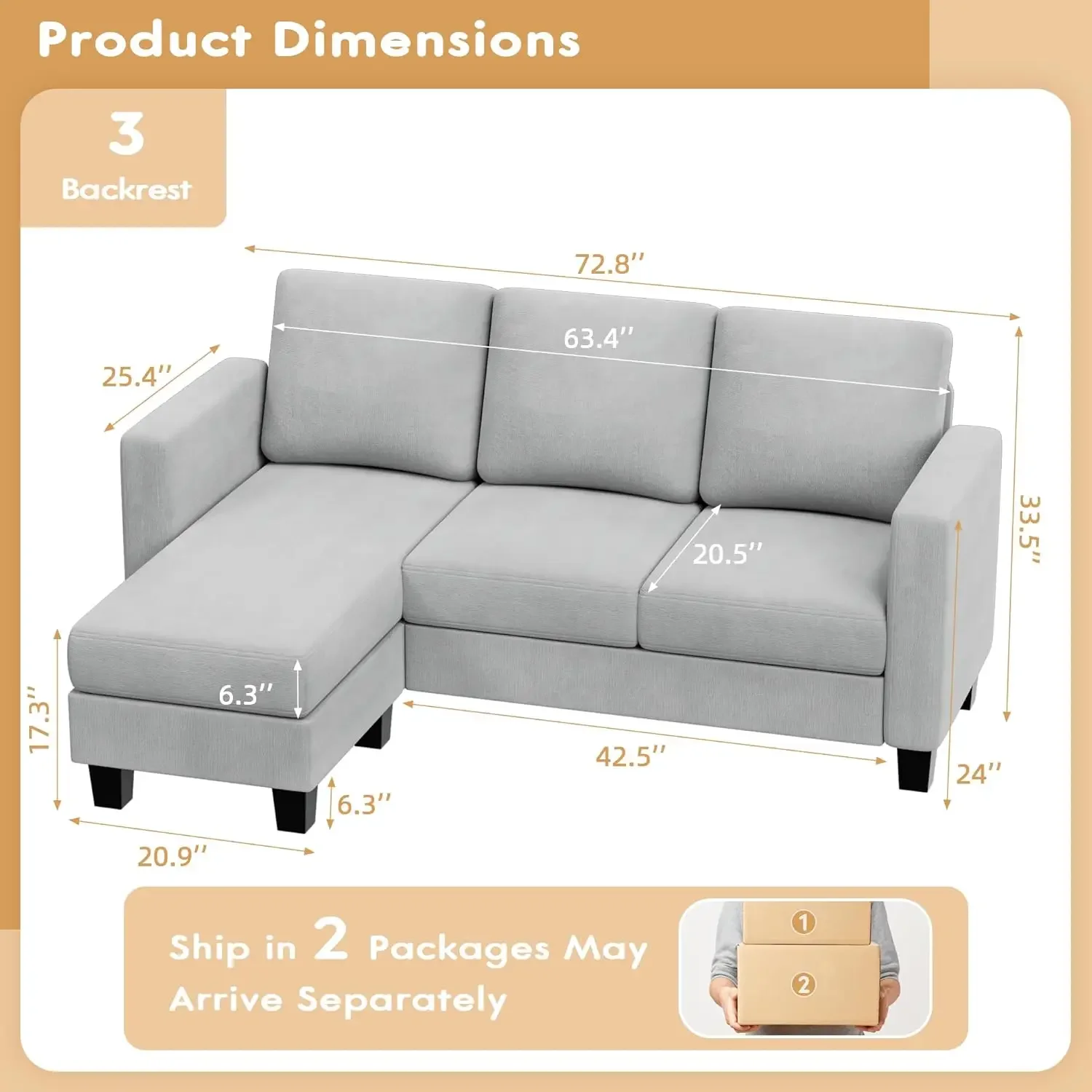 Convertible Sectional Sofa Couch, 3 Seat L-Shaped Sofa with Linen Fabric, Movable Ottoman Small Couch for Small Apartments, Livi