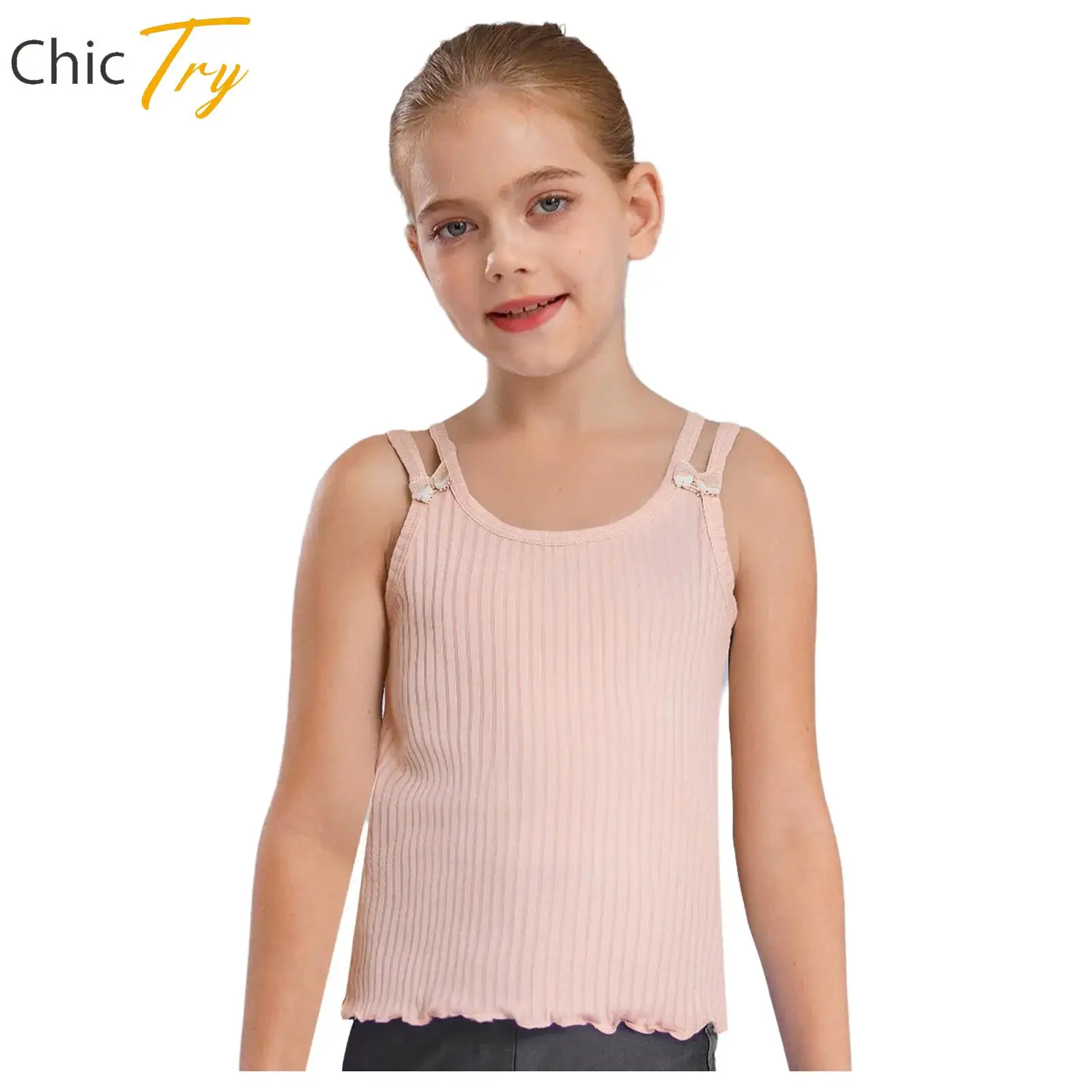

Kids Girl Gentle Protection Cute Bowknots Striped Texture Lettuce Hem Camisole Sleeveless Double Shoulder Straps Vest Undershirt