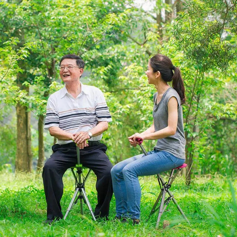 Automatic Foldable Walking Cane with Seat, Anti-Slip Hiking Staff for Elderly, Portable Metro Stick Convertible to Stool