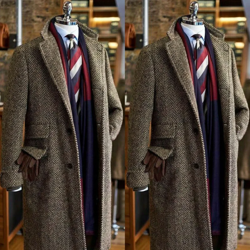 Vintage Herringbone Men's Coat Blazer Long Formal Business Groom Tailored Winter