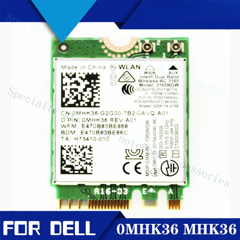 

A+ для двухдиапазонной беспроводной карты WLAN с Bluetooth M.2 для Dell CN-MHK36 0MHK36