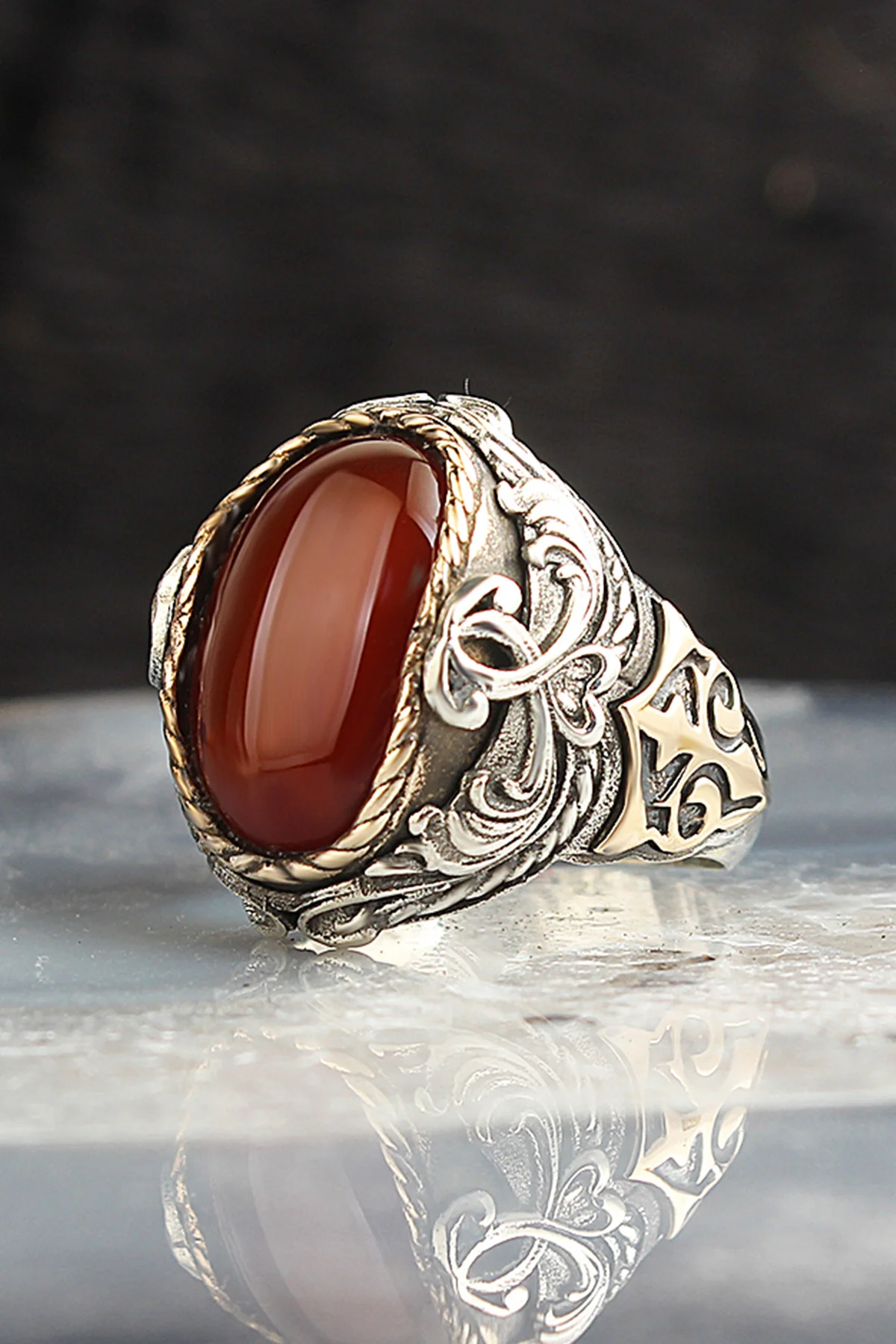 

Agate Stone Pen İşçilikli 925 Sterling Mens Silver Ring