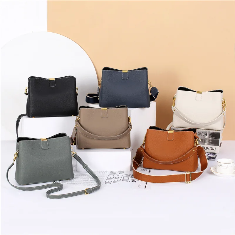 2024 Women\'s Genuine Leather Bag Female New Luxury Bucket Handbag Lady Fashion Casual Shoulder Bag Crossbody Messenger for Girls