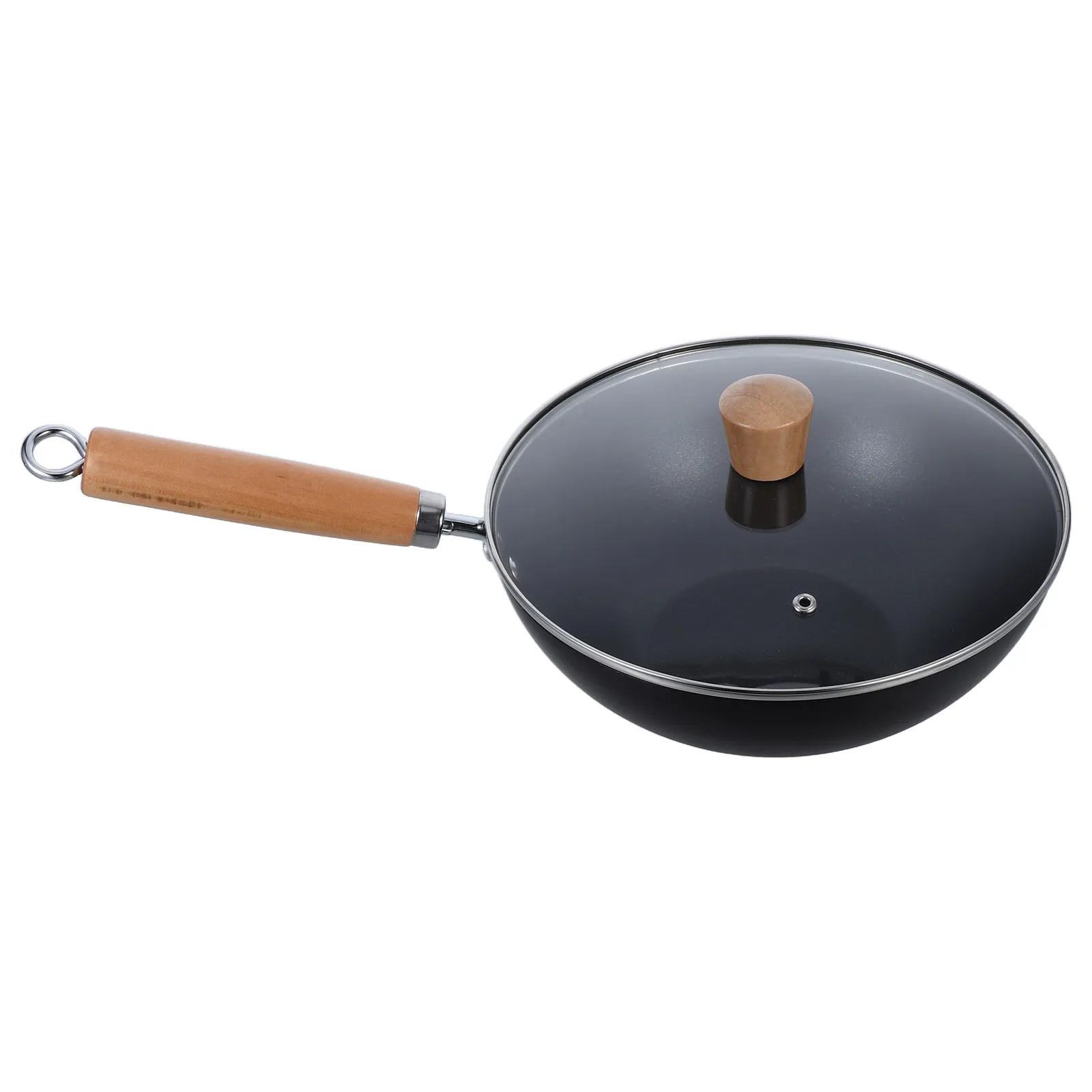 

Mini Iron Wok Small Frying Pan Deep Lid Camping Home Stir Fry Steaming Baking Wood Handle Nonstick Kitchen Cookware