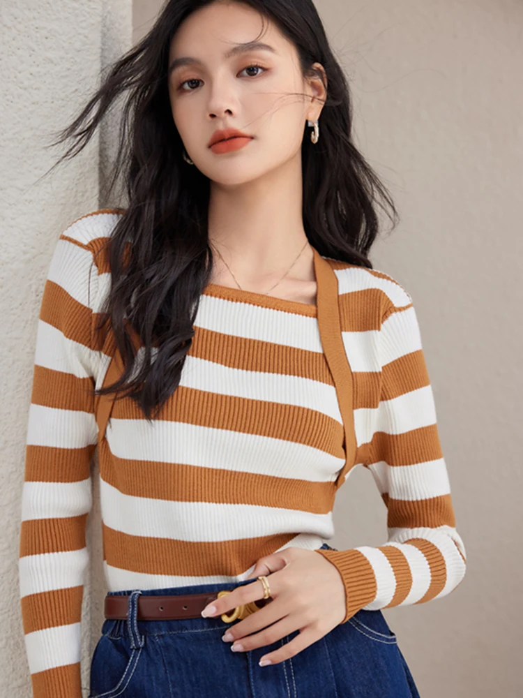 Striped Knitted Sweaters Women Clothes 2024 Autumn Winter Pullovers Slim Tops Korean Long Sleeve Square Neck Sweater