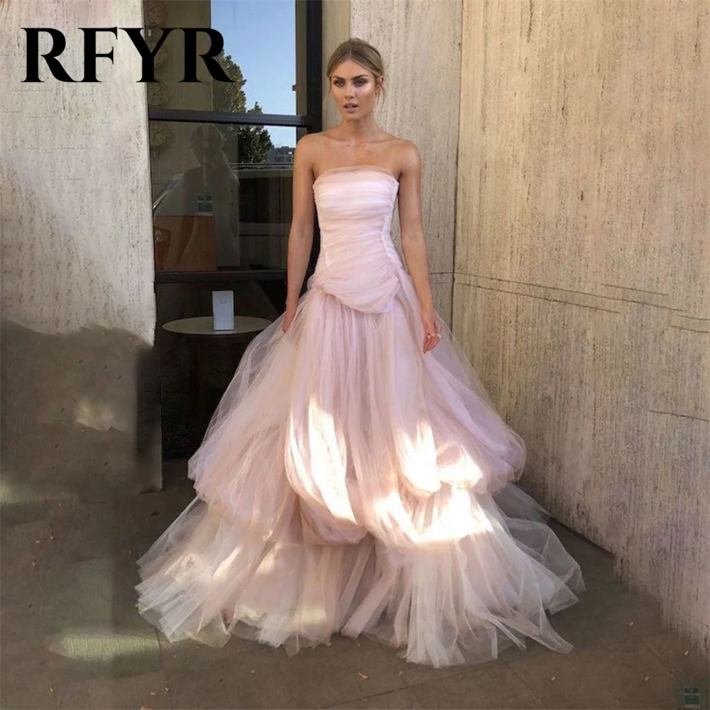 

RFYR Pink Tulle Formal Dresses Strapless Sleeveless Party Dress For Wedding Tiered A Line Special Occasion Dresses robe soirée