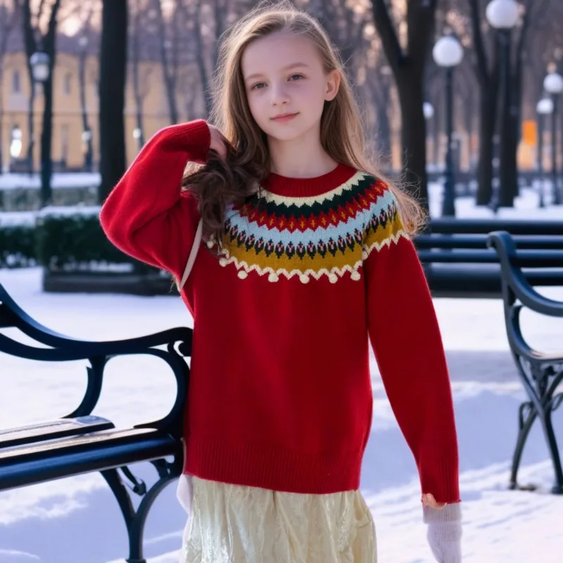 

Vintage Fair Isle Christmas Sweater for Girls Red Crochet Knit Top with Embroidery Thicken Winter Pullover School Kids Clothes