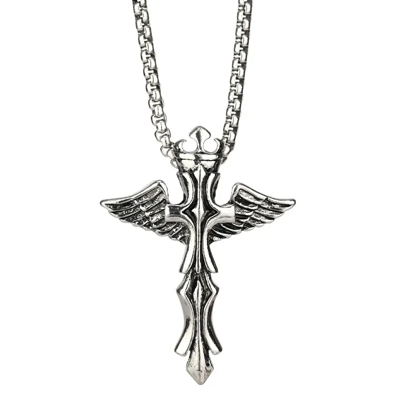 

2025 Angel Wing cross cool titanium steel necklace, a street pendant in hip-hop punk trend