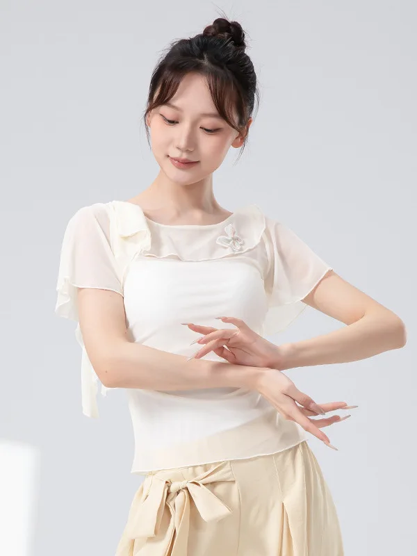 زي رقص عصري أنيق مع زخرفة الفراشة، تنورة بكتف واحد بدون أكمام للنساء، ملابس رياضية للياقة البدنية واليوجا