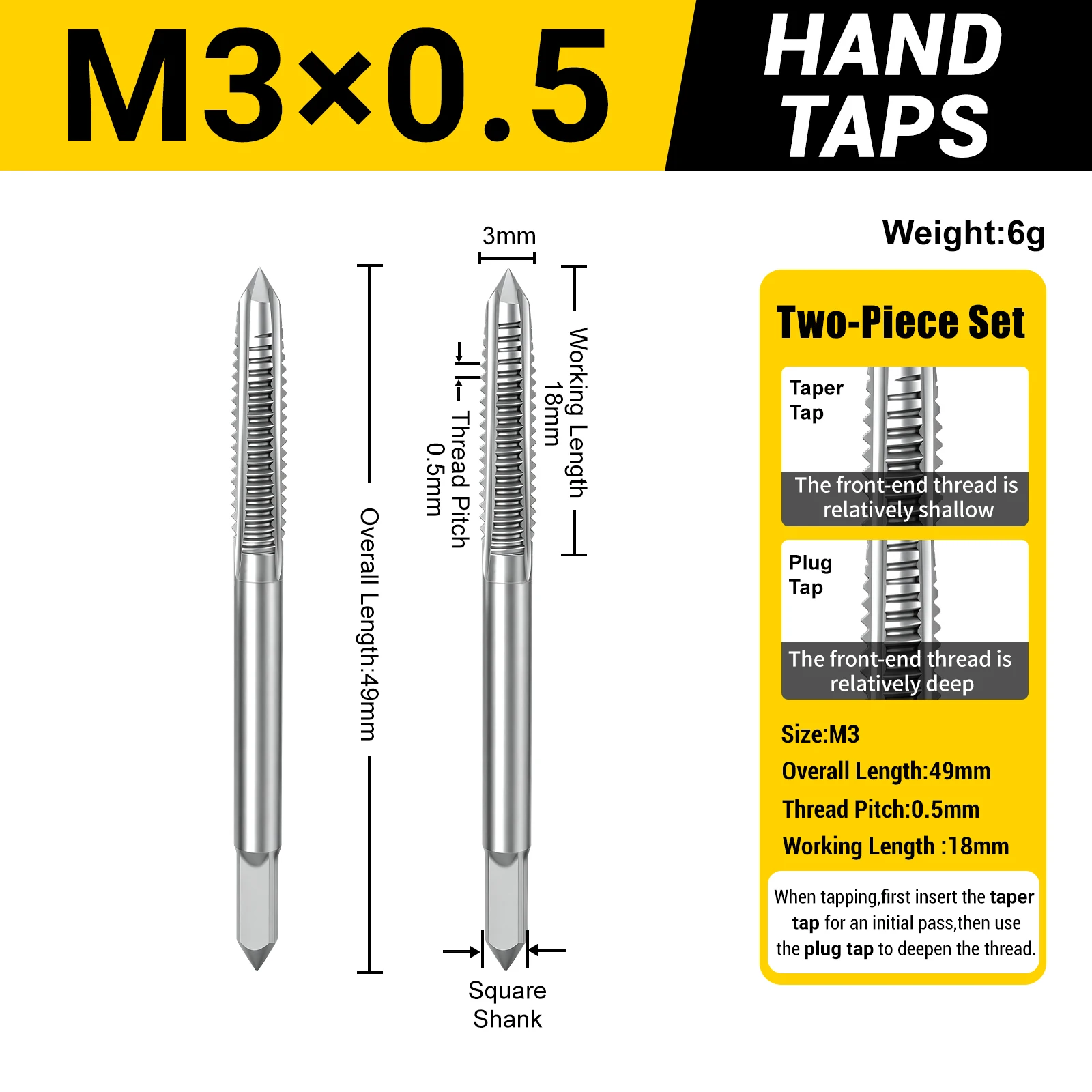 M3-M24 metrische handtaps, set van 2 stuks, conische plugtaps, HSS4241, taps met rechte snijgroef voor het maken van binnendraad in metaal, geschikt voor gelegeerd staal.