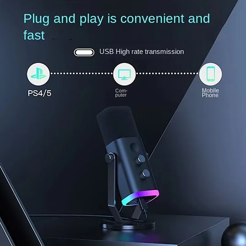 Проводной настольный микрофон AM8, динамический микрофон для записи подкастов, регулируемый многоцветный игровой микрофон с RGB-подсветкой