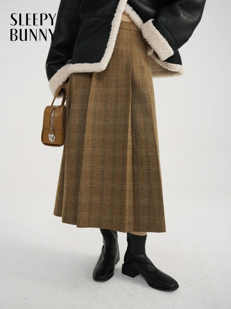 

Lady Winter Skirt Retro Vintage Wool-Like A-Line Skirt Preppy Plaid Midi Skirt High Waist Warm Checkered Winter College Outfit