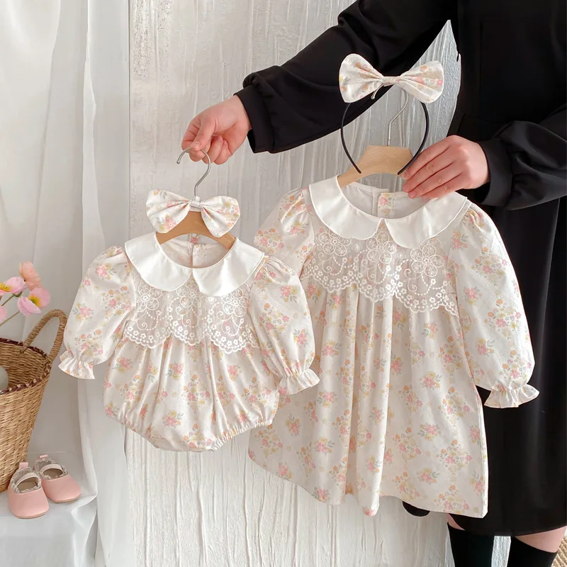 

Наряд с воротником для маленькой сестры и старшей сестры, одинаковая кружевная одежда для маленьких девочек и сестер, боди для новорожденных, детское платье