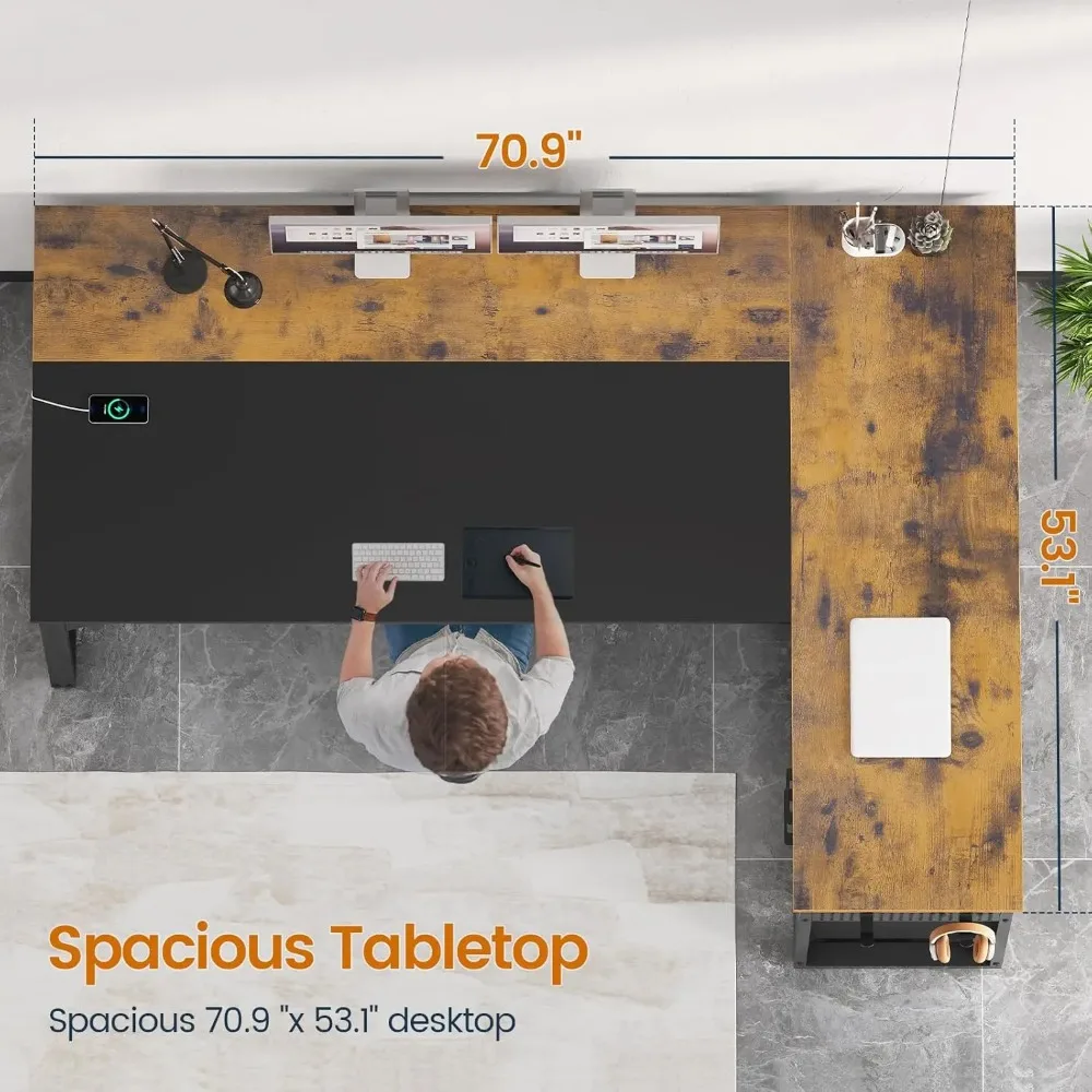 71" Reversible L-Shaped Executive Desk w/Power Outlets & Pegboard, File Drawers, Storage Shelves & Mobile CPU Stand