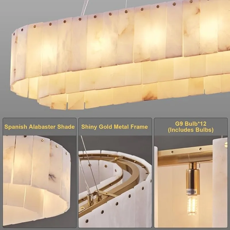Lustre retangular de alabastro para sala de estar, banheiro, sala de jantar, decoração, cozinha, foyer, ajustável, moderno, pingente de mármore