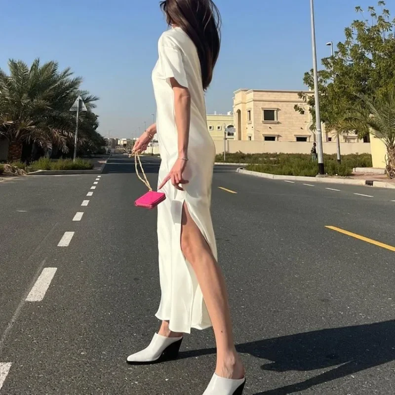 2025 مثير س الرقبة شق التخرج المشاهير كوكتيل فساتين الزفاف الضيوف أنيقة المرأة الصيف الساتان قصيرة الأكمام فستان طويل #4