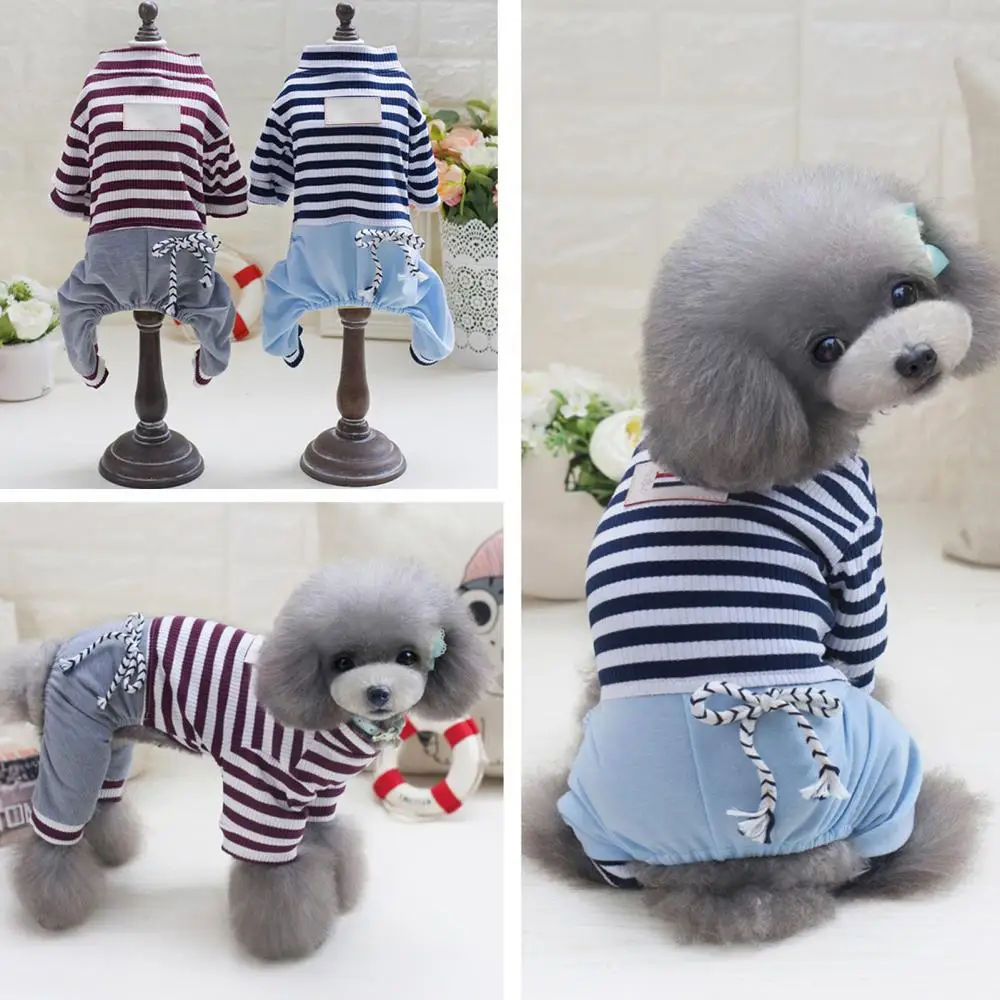 Pet Clothes Cotton Pet Spring High Neck Striped Pattern Four-legged Pants T-shirt Dog Cat Clothes Dog Clothes for Small Dogs