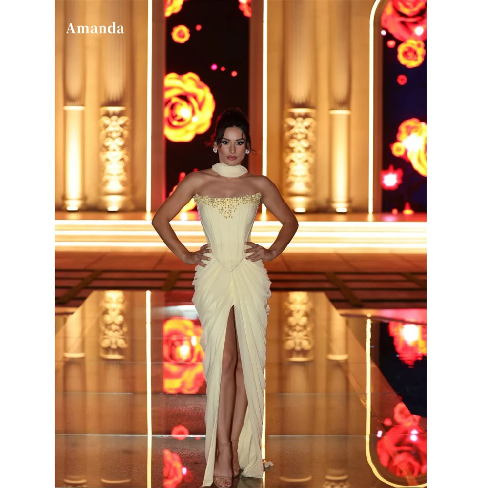 

Amanda Customized Sheath Shiny Beads Sleeveless Prom Dress Yellow Elegant vestidos de noche Side High Split Floor-Length Formal