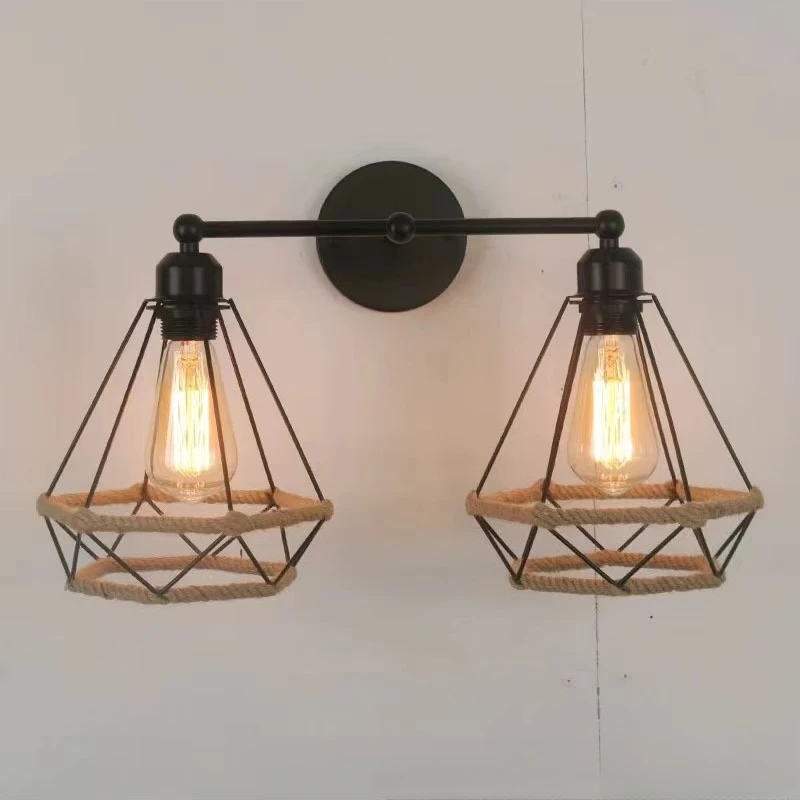 

Retro Simple Wrought Iron E27 Wall Lamp Modern Restaurant Lamp Bar Indoor Creative Hemp Rope Diamond Lights
