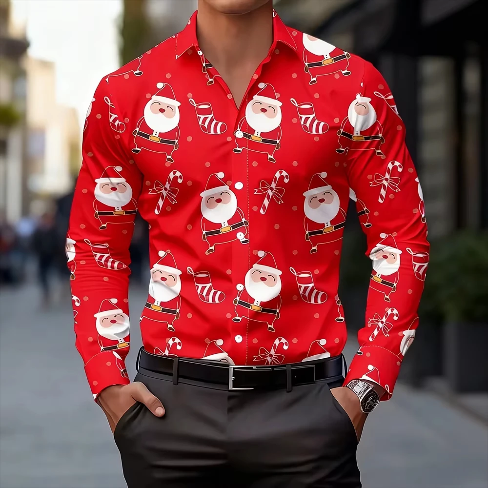 Men's 13-Color Print Santa and Candy Cane Long Sleeve Shirt Casual Holiday Attire​