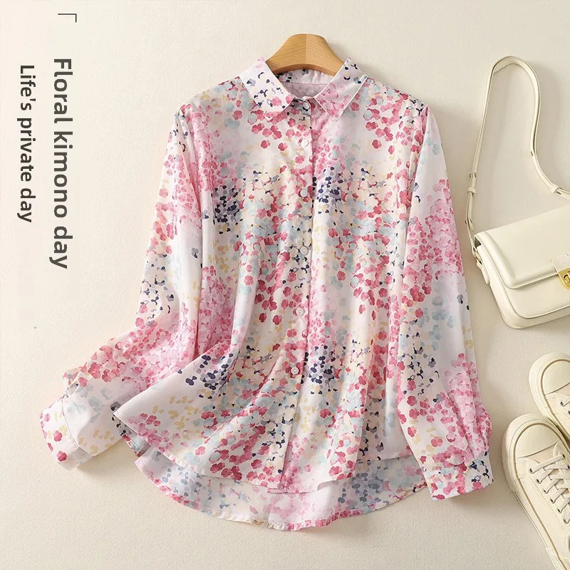 

Женская свободная тонкая рубашка с цветочным принтом в стиле макарон, повседневный весенний топ с цветовыми блоками, длинный рукав, хлопковая смесь, модная