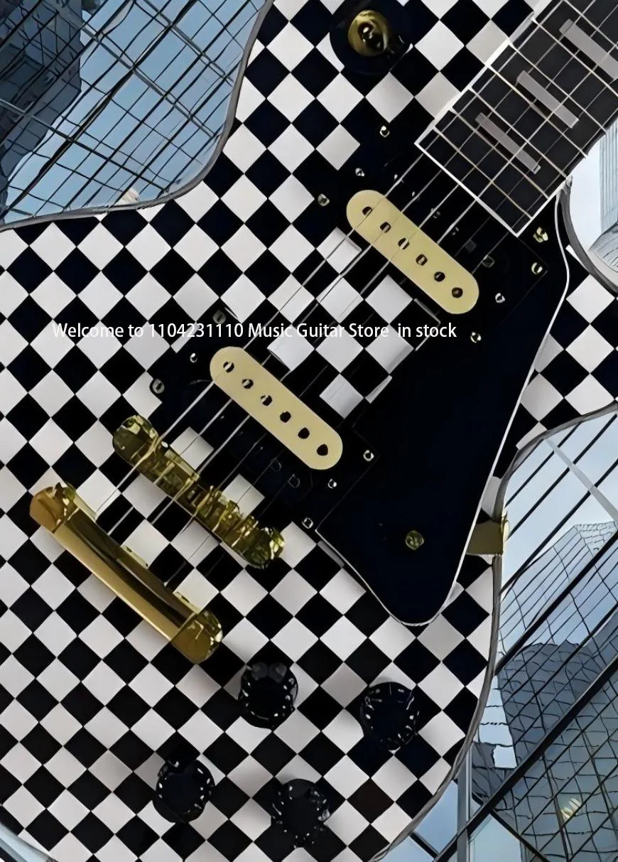 In Stock Brand New Rosewood Fingerboard 6 String Black and White Square Custom Electric Guitar Fast Shipping