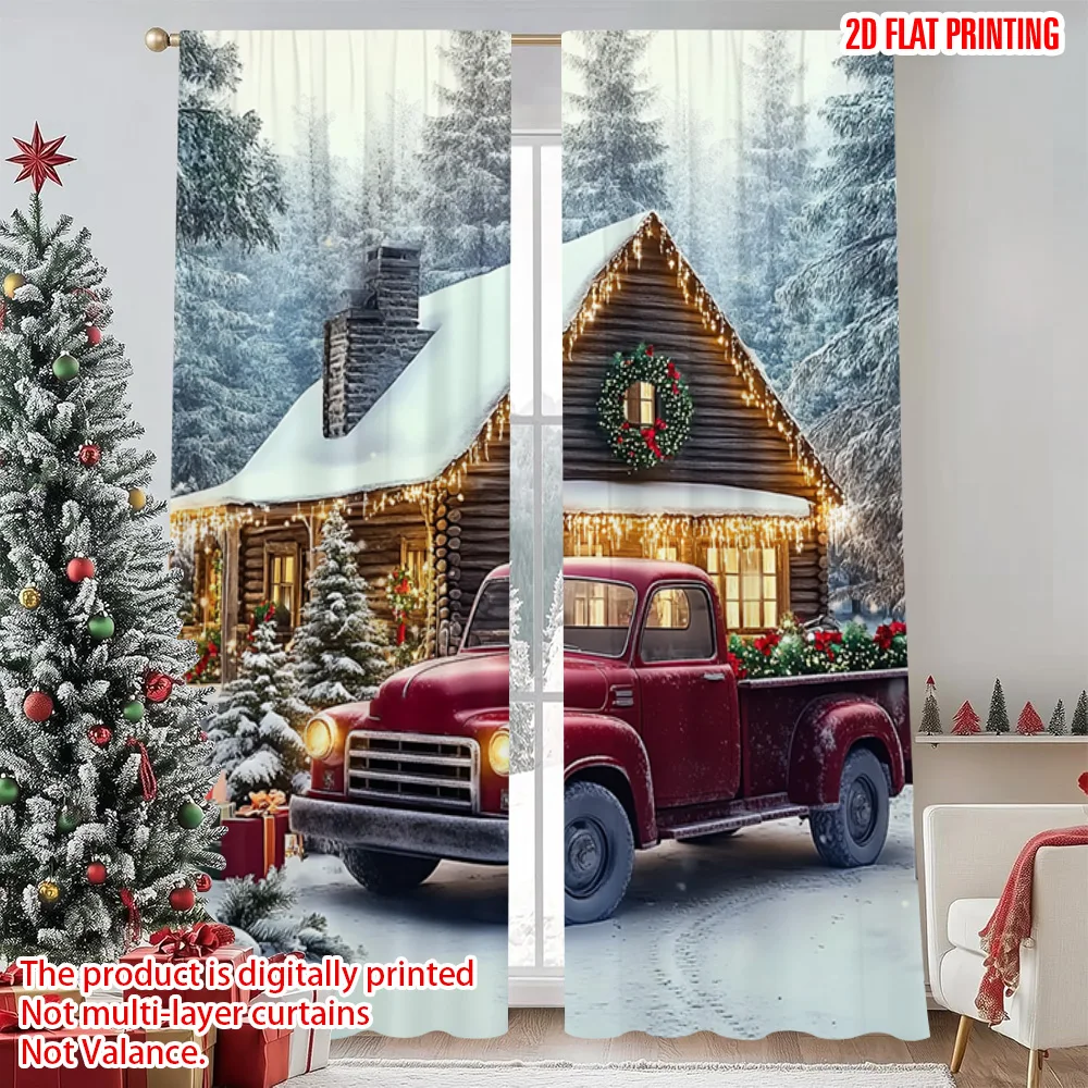 

2pcs 2D flat printing Merry Christmas Window Curtains cabin truck Durable 100% Polyester Fabric Without Electricity Festive