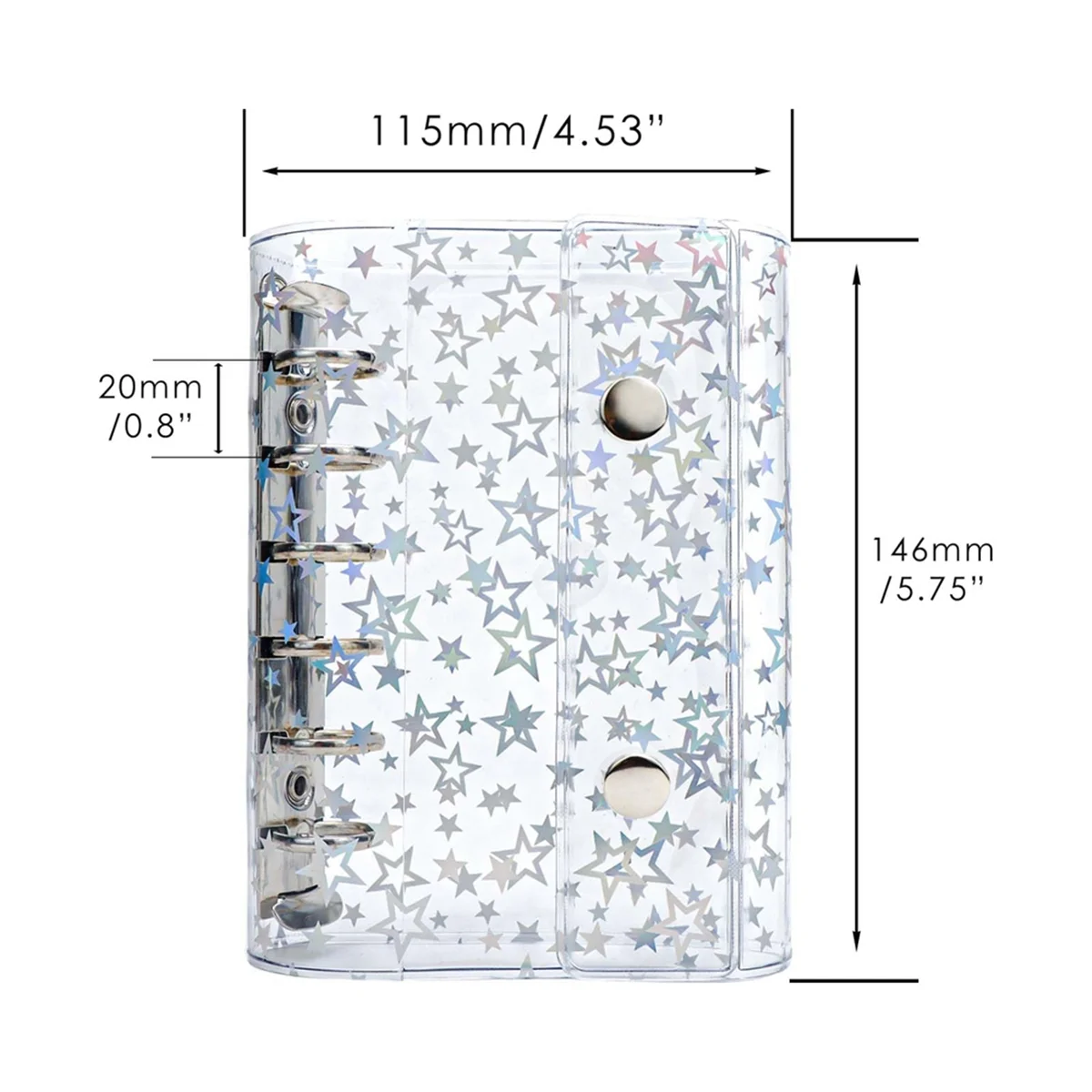 A7 Budget Binder Cover Clear PVC 6 Ring Binder Glitter Star Refillable Notebook Shell Protector with 2 Snaps -B12B