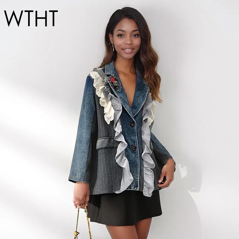 

WTHT Trendy Fashion Women's Irregular Patchwork Ruffled Edge Striped Blazer 2025 Autumn Lapel Long Sleeve Jacket Female 1LS2606