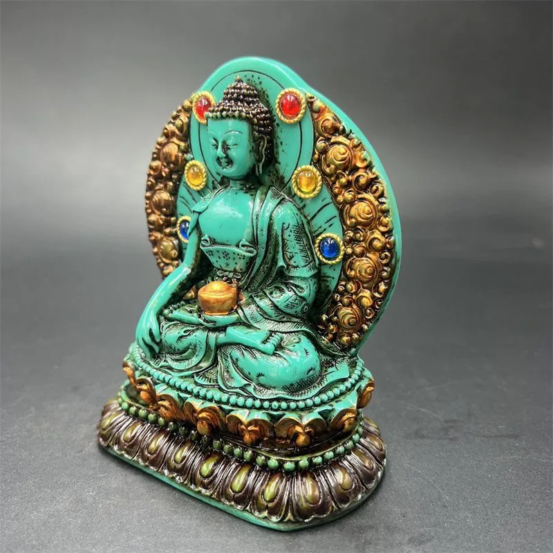 

Vintage Patina Nepali Tibetan Sakyamuni Buddha Statue Turquoise Gem Inlaid Collectible Worship Decor