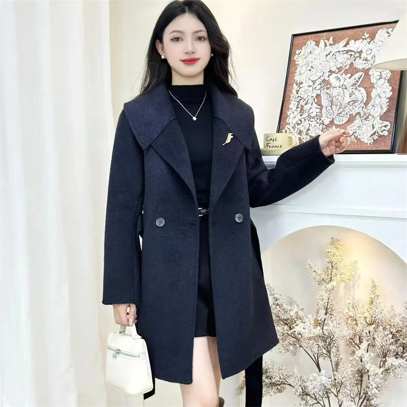 Ladies Fashion High End Double Sided Woolen Jacket Spring Autumn Women Long Sleeves Outwear Korean Female Casual Mid-length Coat