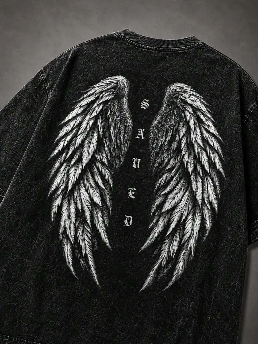 Washed Plus Size Men's Wing Graphic Casual Daily Summer Short Sleeve T-Shirt for Men