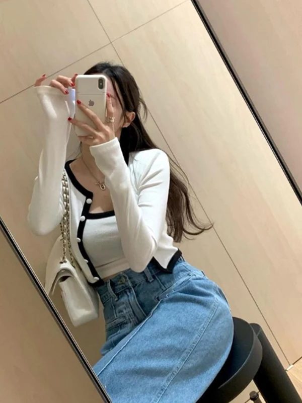 New Sexy Slim Fit Sleeveless Cardigan Comfortable Fashion Shoulder Pad Long Sleeve Short Style Two Piece Set Top for Women