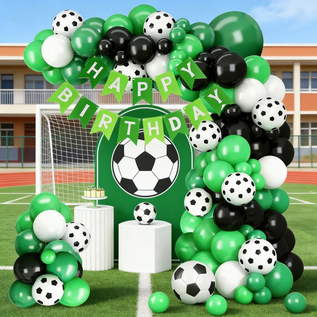 104-teiliges Fußball-Ballonbogen-Set - Grüne, schwarze und weiße Latexballons mit einem Happy-Birthday-Banner, geeignet für Sportpartys, Abschlussfeiern, Geburtstage und Feiern - Sportparty-Dekoration