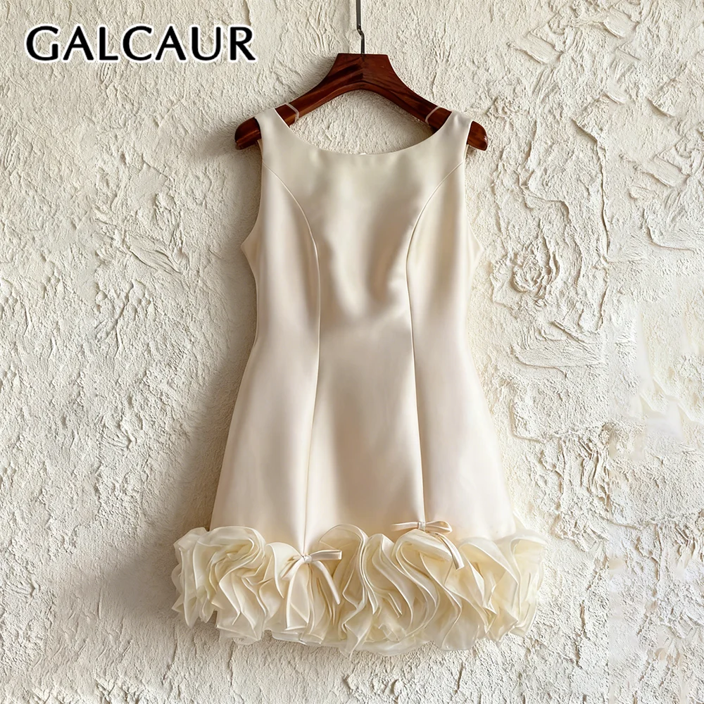 

GALCAUR Solid Spliced Fungus Elegant Dress Female O Neck Sleeveless Slimming Temperament Sweet Women's Dresses Summer Fashion