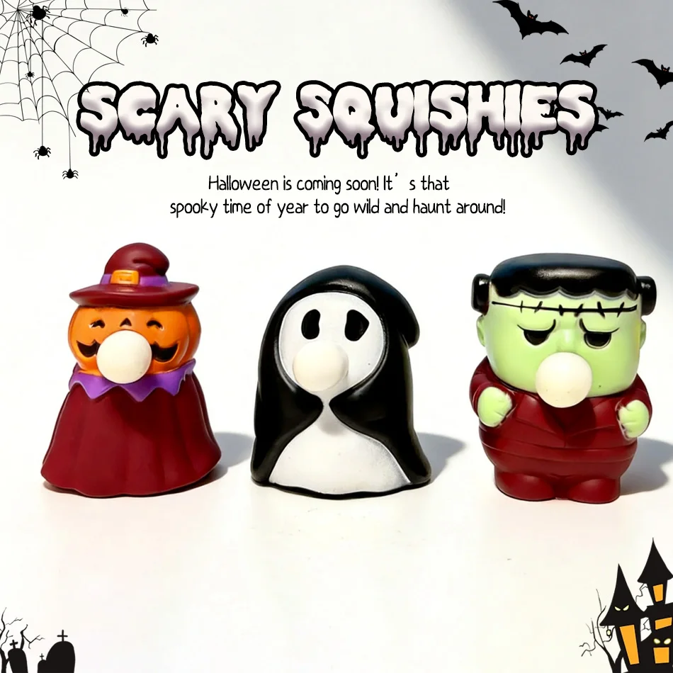 Halloween Squishy Stress Relief Toys Bubble-Blowing Pumpkin Ghost & Frankenstein Figures Decorative Ornaments Squeeze Toys Gifts