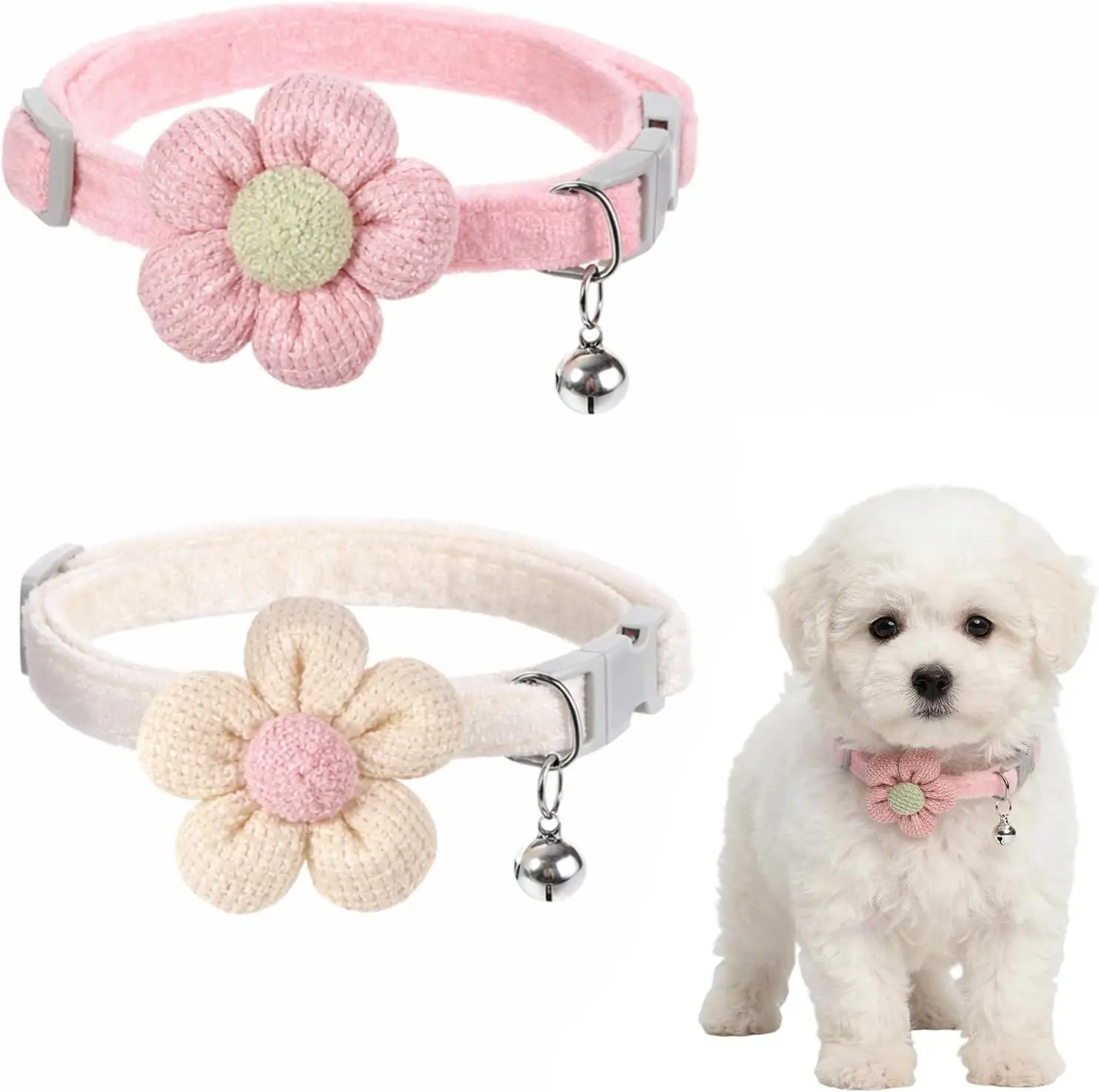 Paquete de 2 Collares Florales Pequeños para Perro con Campana, Collar para Cachorro con Campana y Flor, Collares Ajustables para Perro, Collares Suaves y Seguros para Mascotas
